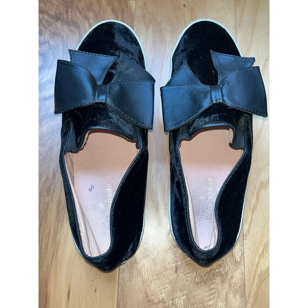Kate Spade Velvet Bow Sneakers Womens 8 Black Slip On Flat Luxury Designer Luxe